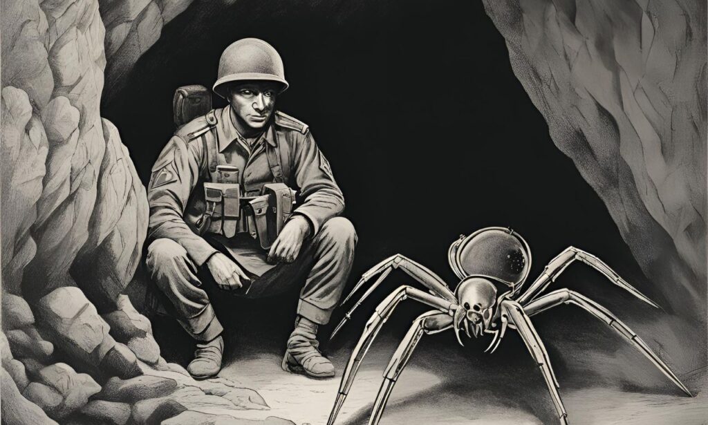 color page for soldier and spider in cave printable free
